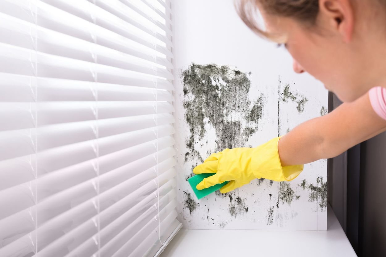 A woman cleaning a window covered in mold, representing a mold removal service in Honolulu, HI.